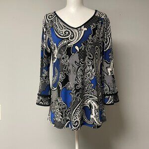 Sami&Jo Flare Sleeve V-Neck Paisley Print Floral Sze Small Tunic Black Blue Long